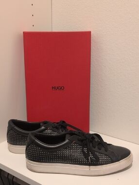 HUGO Black Leather Low-Top Sneakers with Stud Details